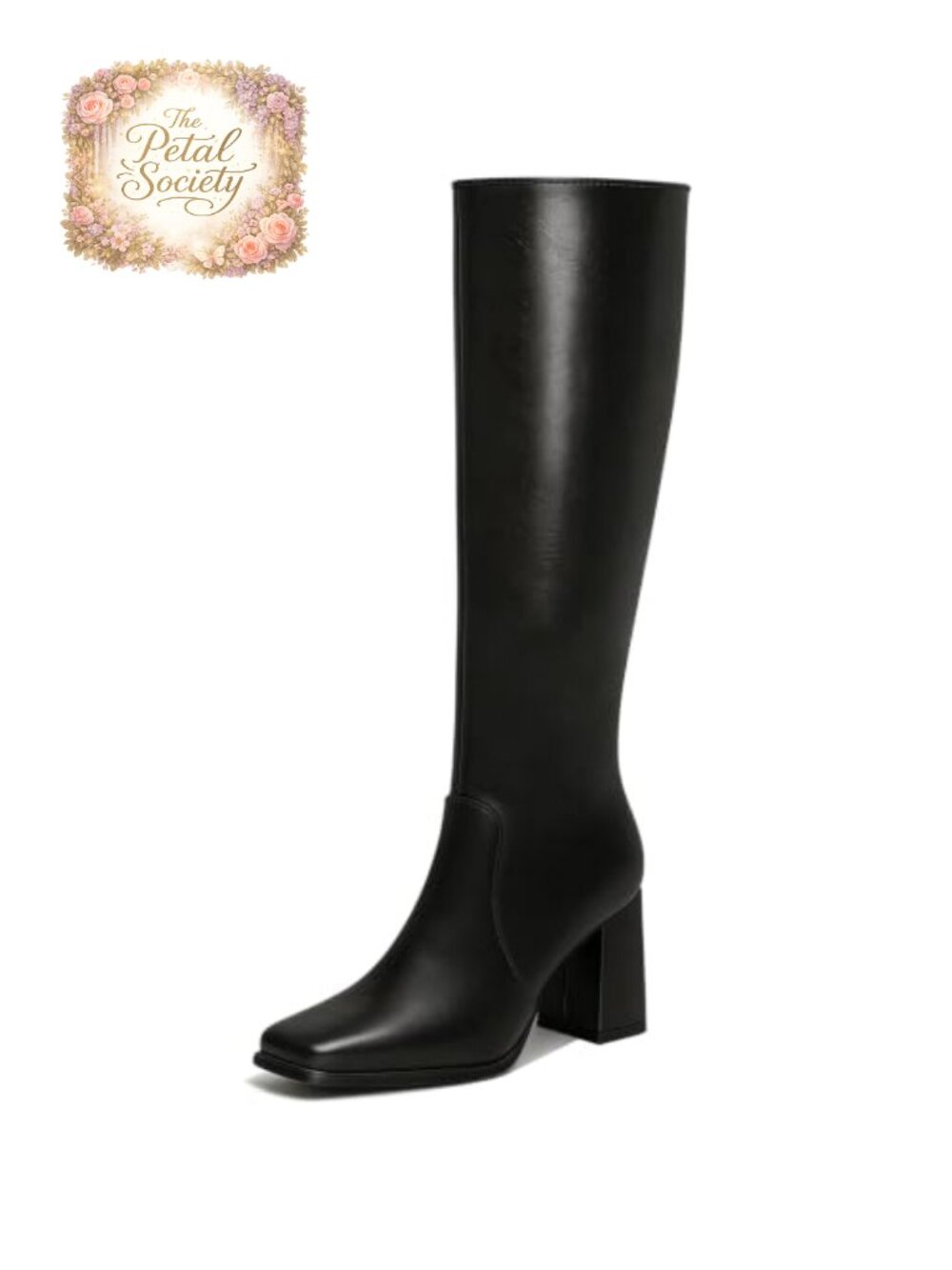 Women's Square Toe Knee High Boots, Chunky Heel, Faux Leather, Tall Fashion